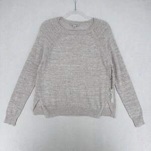 WHITE+WARREN Curved Front Crewneck Sweater Womens S Heather Sand Linen Blend NWT